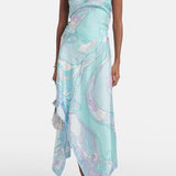 Zweiteiler aus Satin: Neckholder-Top & Midirock mit Tuchprint