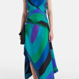 Zweiteiler aus Satin: Neckholder-Top & Midirock mit Tuchprint