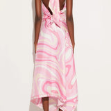 Zweiteiler aus Satin: Neckholder-Top & Midirock mit Tuchprint